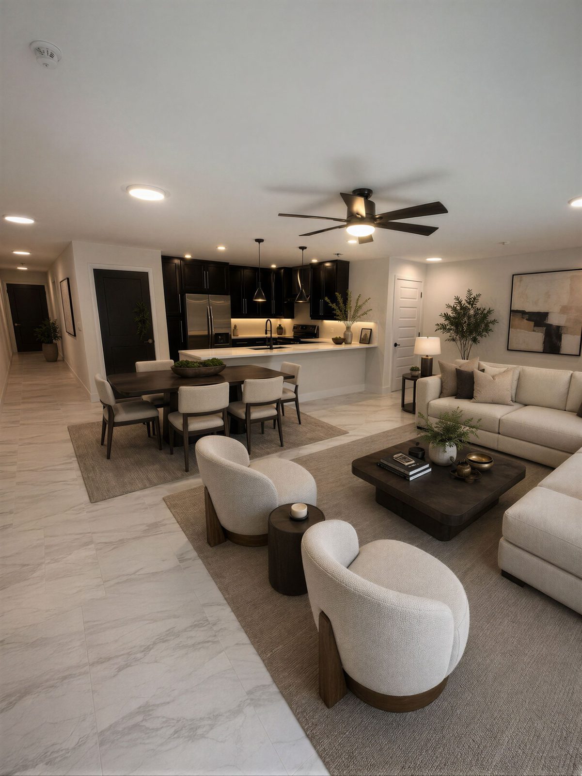 Styled living area with industrial brick and modern furnishings at The Power House Apartments