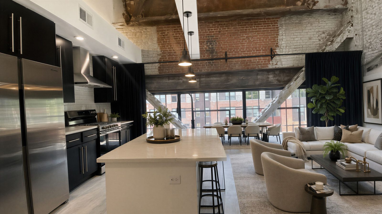 Furnished bedroom with factory windows and exposed brick