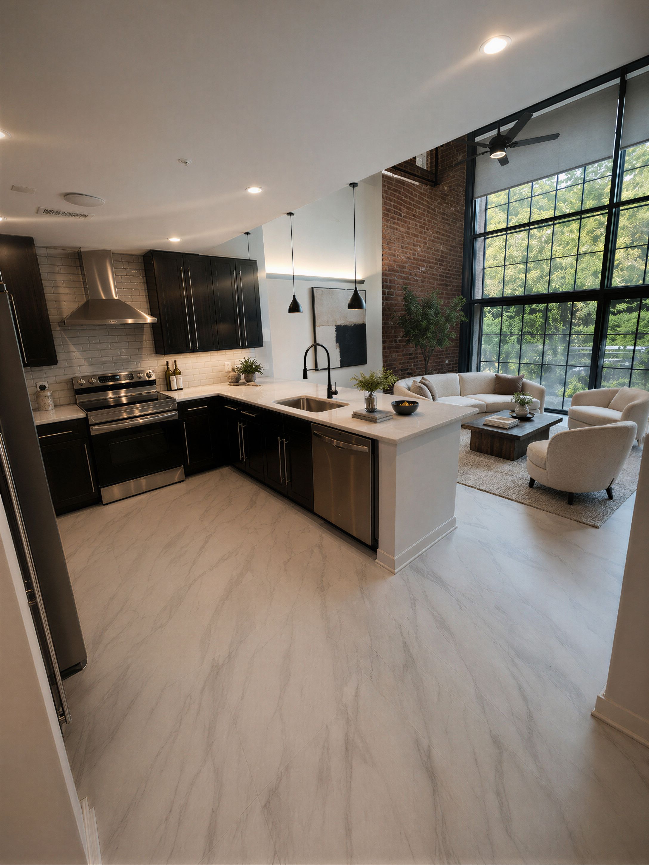 Modern kitchen with quartz countertops and stainless appliances in a 1-bedroom loft at The Power House Rock Hill