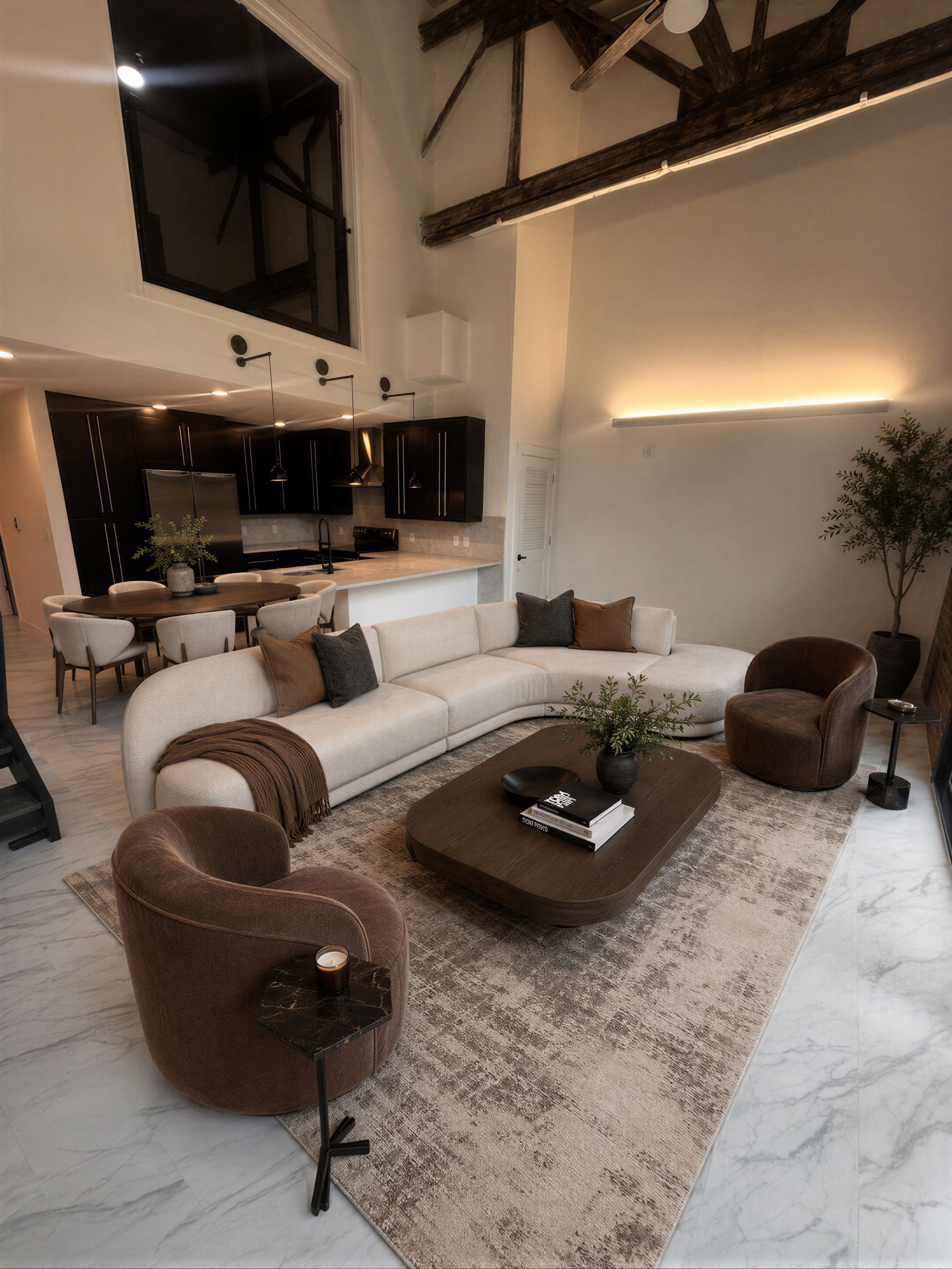 Dramatic living room with original wood trusses and cathedral-height ceilings in a 3-bedroom loft at The Power House luxury apartments