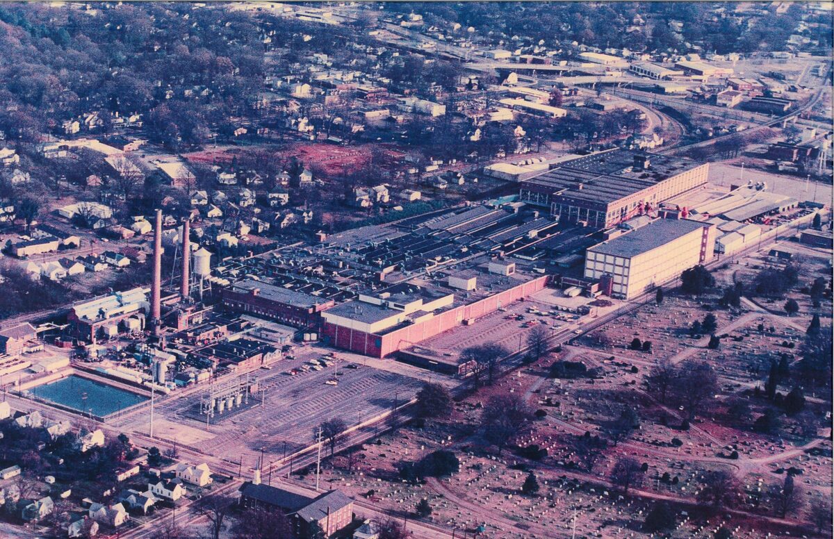 Historic aerial view of The Power House building and surrounding UC development in Rock Hill, SC