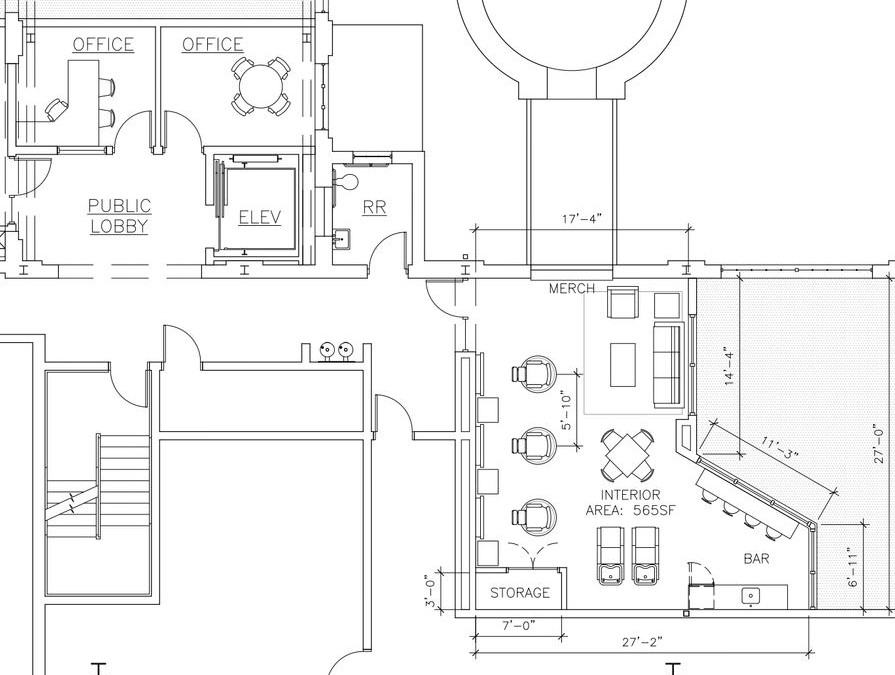 Original barbershop test-fit plan for Suite 1212 showing chairs, two shampoo bowls, waiting area and bar next to the elevator lobby